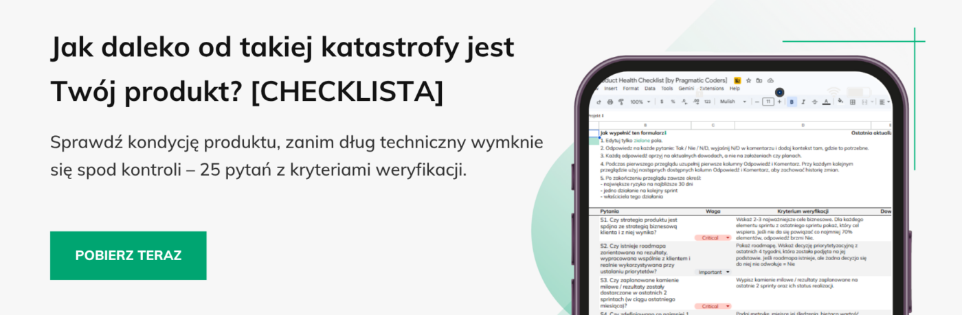 Baner checklista zdrowia produktu dług techniczny przewodnik