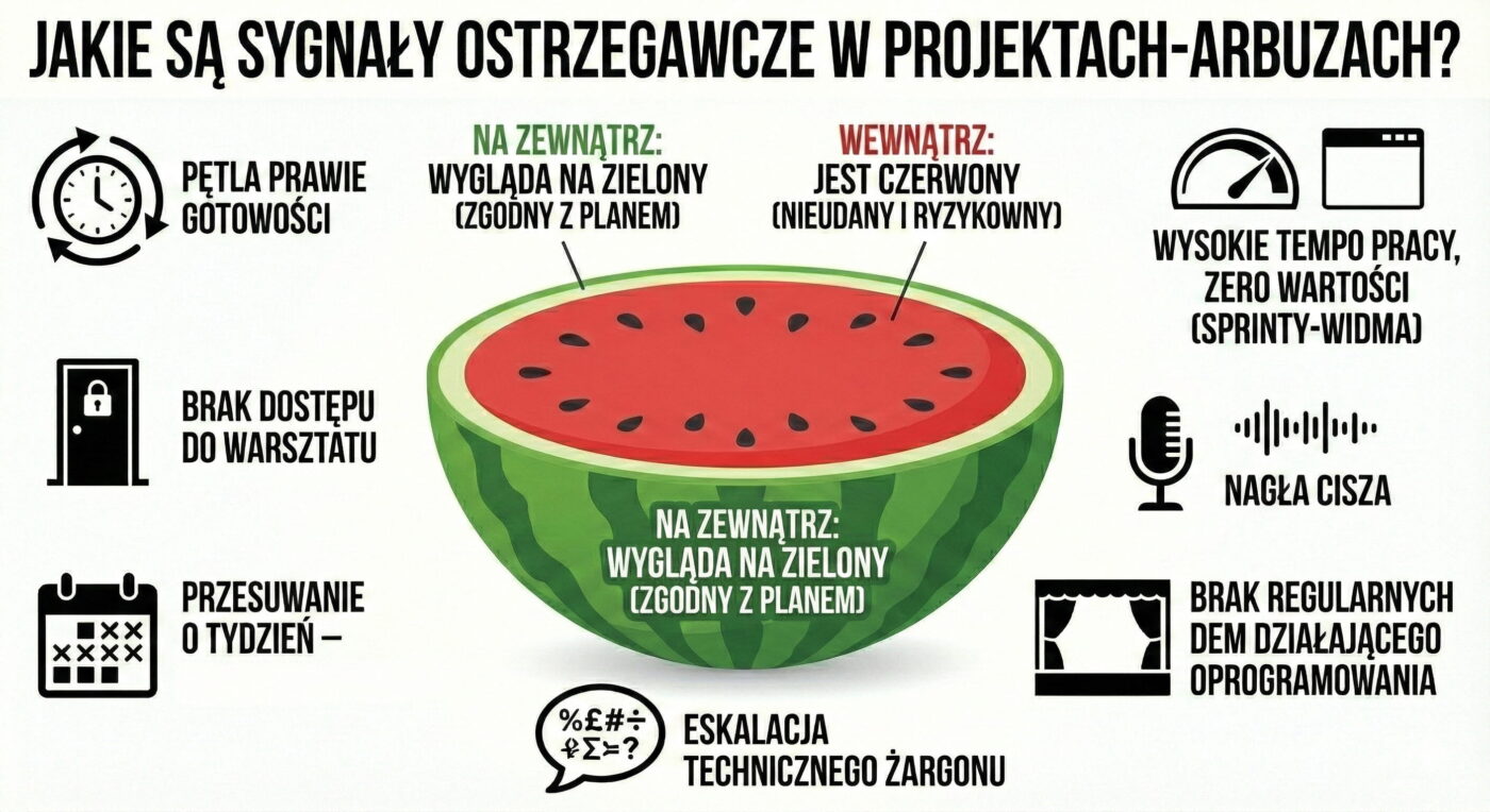 Grafika: „JAKIE SĄ SYGNAŁY OSTRZEGAWCZE W PROJEKTACH-ARBUZACH?”. Głównym elementem jest przekrojony arbuz. Zielona skórka na zewnątrz ma napis: „NA ZEWNĄTRZ: WYGLĄDA NA ZIELONY (ZGODNY Z PLANEM)”. Czerwony miąższ z nasionami wewnątrz ma napis: „WEWNĄTRZ: JEST CZERWONY (NIEUDANY I RYZYKOWNY)”. Wokół arbuza przedstawiono siedem znaków ostrzegawczych w formie ikon i tekstu. Po lewej stronie: zegar z kolistymi strzałkami i napisem „PĘTLA PRAWIE GOTOWOŚCI”; ikona zamkniętych drzwi z napisem „BRAK DOSTĘPU DO WARSZTATU”; ikona kalendarza z czerwonymi X i napisem „PRZESUWANIE O TYDZIEŃ – ŚMIERĆ PRZEZ TYSIĄC CIĘĆ”. Po prawej stronie: prędkościomierz i ikona pustego pudełka z napisem „WYSOKIE TEMPO PRACY, ZERO WARTOŚCI (SPRINTY-WIDMA)”; ikona mikrofonu z falami dźwiękowymi i napisem „NAGŁA CISZA”; ikona pustej sceny z napisem „BRAK REGULARNYCH DEM DZIAŁAJĄCEGO OPROGRAMOWANIA”. Na dole w centrum widnieje speech bubble ze skomplikowanymi symbolami i tekstem „ESKALACJA TECHNICZNEGO ŻARGONU”.