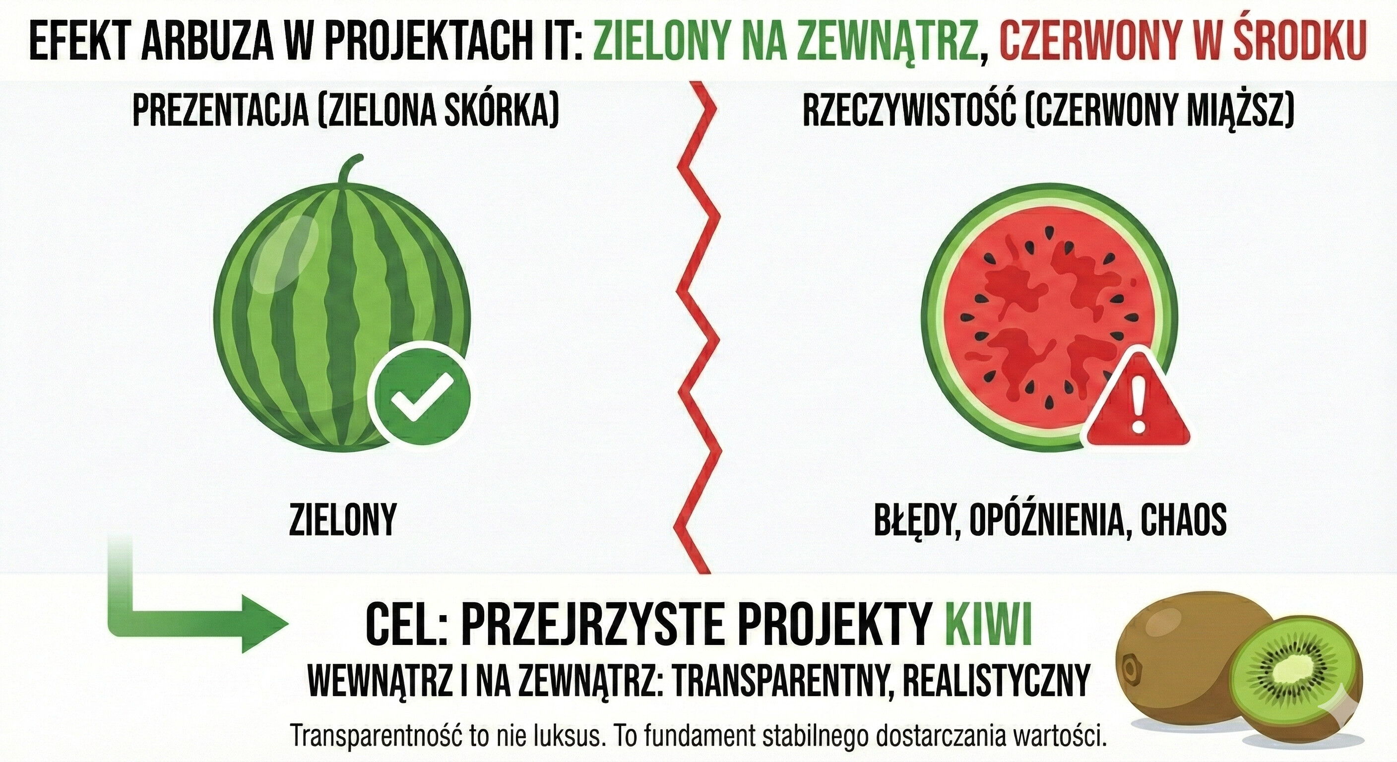 Grafika: „EFEKT ARBUZA W PROJEKTACH IT: ZIELONY NA ZEWNĄTRZ, CZERWONY W ŚRODKU”. Górna połowa jest przedzielona czerwoną linią. Po lewej stronie: „PREZENTACJA (ZIELONA SKÓRKA)” – cały zielony arbuz z ikoną fajki (check) nad słowem „ZIELONY”. Po prawej stronie: „RZECZYWISTOŚĆ (CZERWONY MIĄŻSZ)” – przekrojony arbuz pokazujący czerwony środek z ikoną wykrzyknika w trójkącie nad napisem „BŁĘDY, OPÓŹNIENIA, CHAOS”. Zielona strzałka na dole prowadzi do sekcji: „CEL: PRZEJRZYSTE PROJEKTY KIWI”. Poniżej widnieje obraz całego i przekrojonego owocu kiwi z tekstem: „WEWNĄTRZ I NA ZEWNĄTRZ: TRANSPARENTNY, REALISTYCZNY”. Zdanie podsumowujące na samym dole: „Transparentność to nie luksus. To fundament stabilnego dostarczania wartości”.