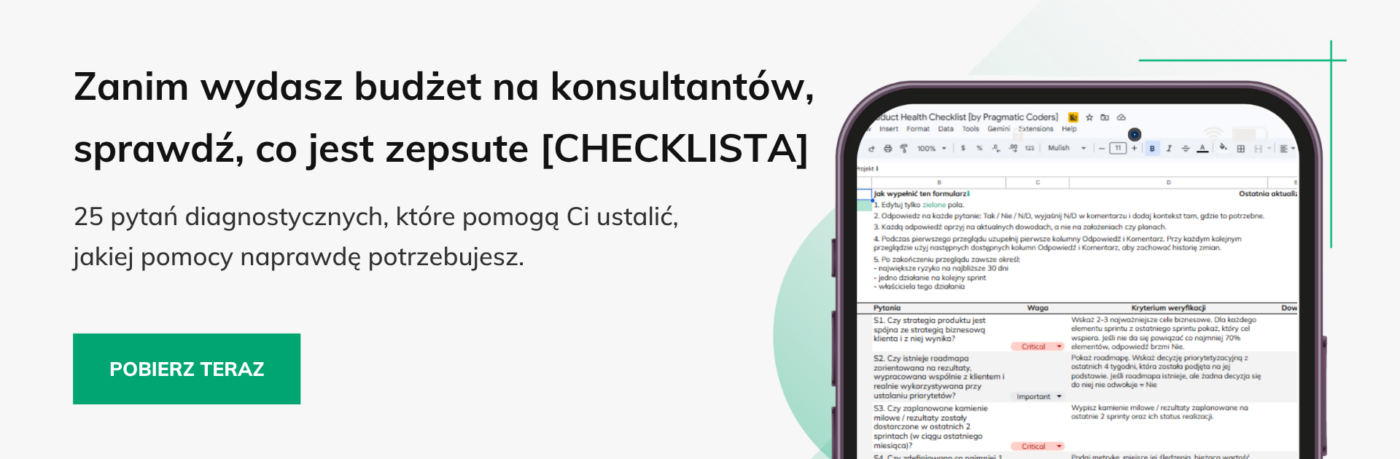 Baner checklista zdrowia produktu pułapki konsultanci IT