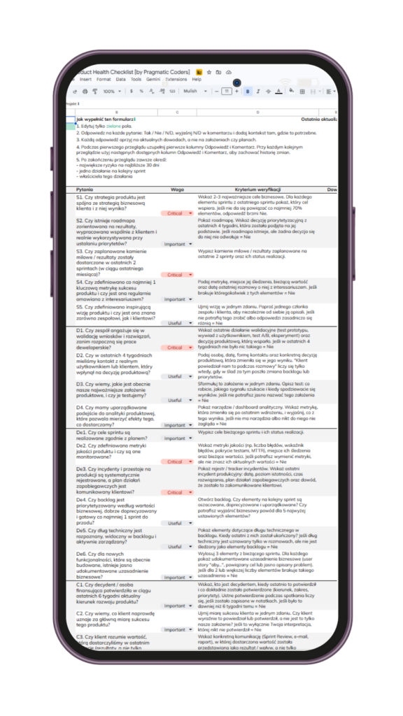 Product Health Checklist PL