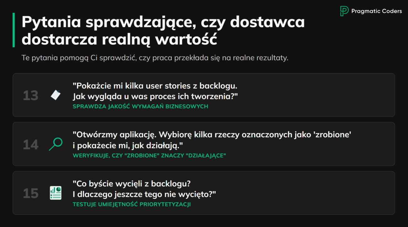 Pytania sprawdzające, czy dostawca dostarcza realną wartość w projekcie technologicznym