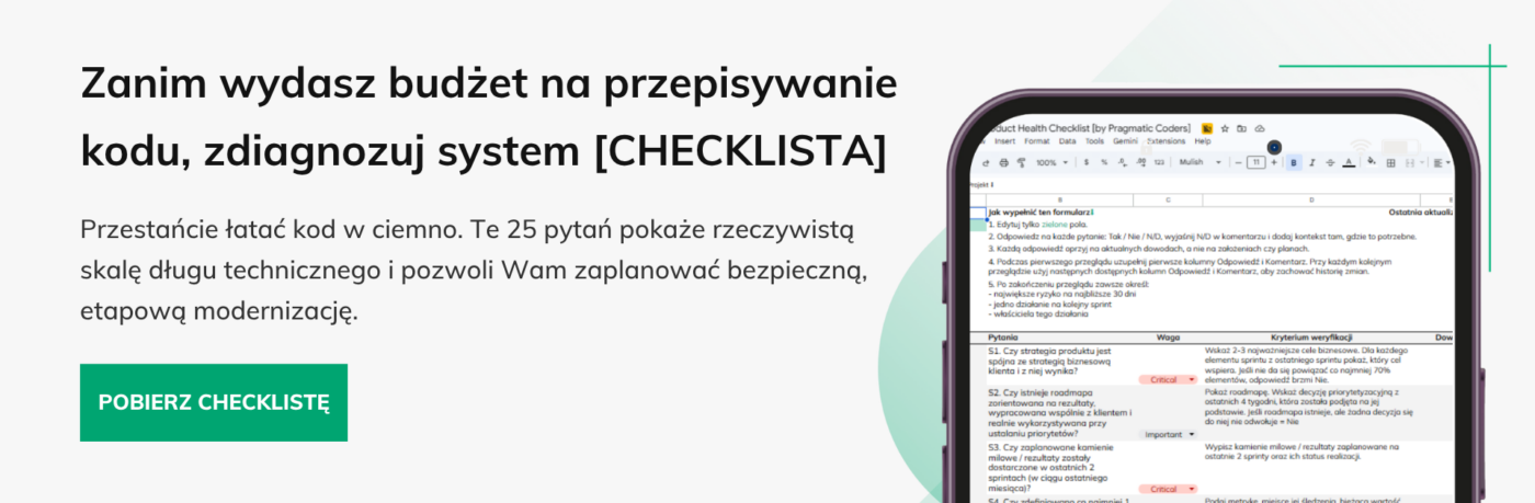 Baner checklista zdrowia produktu dług techniczny a przychody - 2