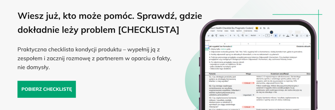 Baner checklista zdrowia produktu firmy stabilizujące delivery w IT