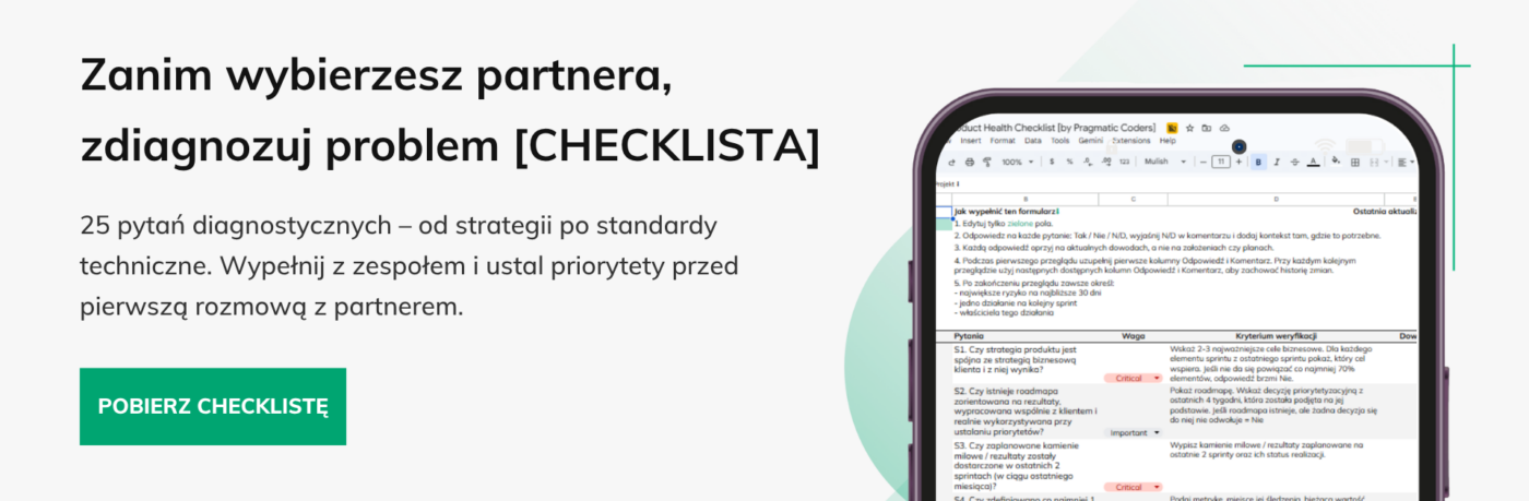 Baner checklista zdrowia produktu firmy stabilizujące delivery w IT