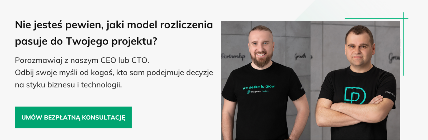 Baner darmowa konsultacja T&M vs Fixed Price model rozliczenia projektu IT