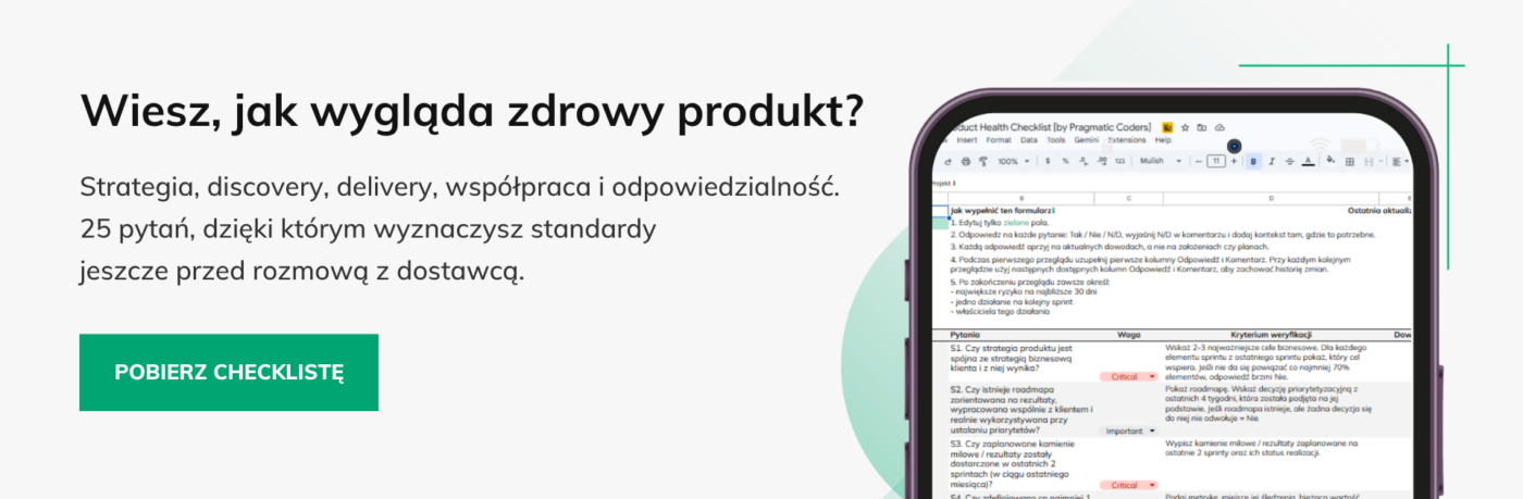 Baner lista kontrolna zdrowia produktu jak zweryfikowac zespol deweloperski