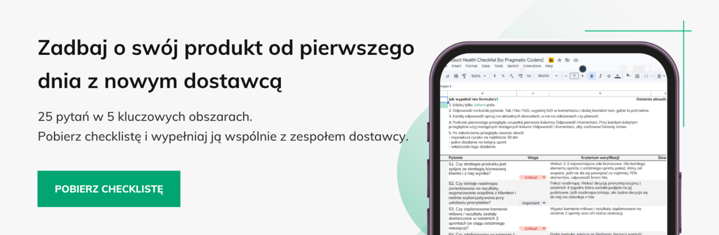 Baner lista kontrolna zdrowia produktu jak zweryfikowac zespol deweloperski