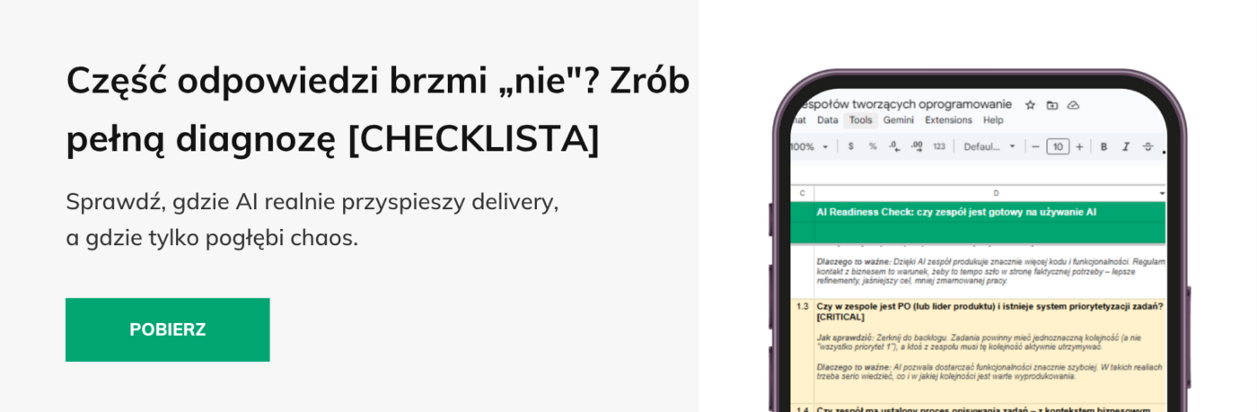 Baner AI Readiness Checklist AI nie obniża jakości kodu braki procesowe